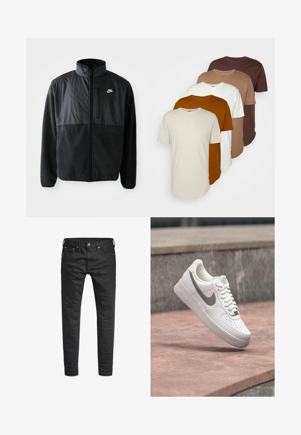 Schwarze Nike-Fleecejacke mit durchgehendem Reißverschluss, hohem Kragen, Reißverschlusstasche auf der Brust und kontrastierendem Stoffpaneel auf der oberen Vorderseite.; Fünf kurzärmelige T-Shirts in den Farben Creme, Braun, Beige und Dunkelbraun. Jedes hat einen Rundhalsausschnitt und eine lässige Passform, gefertigt aus weichem Material.; Schwarze Slim-Fit-Jeans mit Fronttaschen, Gürtelschlaufen und einer Knopfverschluss, vor einem weißen Hintergrund präsentiert.; Weißer Nike Air Force 1 Sneaker mit grauem Swoosh-Logo, der über einer Steinoberfläche und einem grauen Steinwandhintergrund schwebt.
