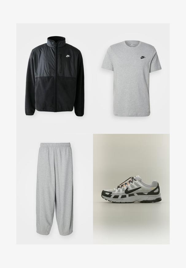 Čierna fleece bunda Nike s plným zipsom, vysokým golierom, zipsovou vreckom na hrudi a kontrastnou tkaninou na hornej prednej časti.; Sivý krátky rukáv T-shirt vyrobený z bavlny, s čiernym logom Nike na hrudi a okrúhlym výstrihom. Minimalistický dizajn bez vzorov.; Svetlošedé, voľné tepláky vyrobené z mäkkej tkaniny. Elastický pás a manžety na členkoch. Jednoduchý a nezdobený dizajn.; Biele a sivé športové tenisky s čiernym logom Nike, čiernymi šnúrkami a oranžovými detailmi na neutrálnom pozadí.