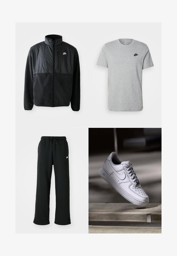 Sort Nike fleecejakke med fuld lynlås, høj krave, lynlåslomme på brystet og kontrasterende stofpanel på den øverste front.; Grå kortærmet T-shirt i bomuld med et sort Nike-logo på brystet og rund halsudskæring. Minimalistisk design uden mønstre.; Sorte joggingbukser lavet af blødt stof, med elastisk talje og justerbar snøring samt et lille logoakcent på siden.; Hvid læder Nike Air Force 1 sneaker med perforeret tå, flade snørebånd og tekstureret gummisål med "AIR" branding på siden.