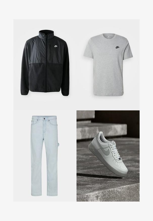 Must musta Nike fliisil jope täispikkade tõmblukkudega, kõrge kraega, tõmblukuga rinnakotiga ja kontrastse kangast paneeliga ülemisel esiküljel.; Halli lühikeste varrukatega T-särk, mis on valmistatud puuvillast ja millel on rinnal must Nike'i logo ning ümar kaelus. Minimalistlik disain, ilma mustriteta.; Heledsinised teksad, sirge lõikega, millel on nööp kinnitamine, viis taskut ja külgedel silmused täiendava funktsionaalsuse jaoks.; Valge Nike Air Force 1 tossujalg õhus tekstureeritud betoonpinna kohal, taustal kivist trepiastmed.