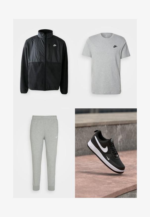 Sort Nike fleecejakke med fuld lynlås, høj krave, lynlåslomme på brystet og kontrasterende stofpanel på den øverste front.; Grå kortærmet T-shirt i bomuld med et sort Nike-logo på brystet og rund halsudskæring. Minimalistisk design uden mønstre.; Grå sweatpants lavet af blødt stof, med tapered ben design, elastisk talje og lille hvid Nike-logo på venstre lår.; Sort-hvid Nike Air Force 1 sneaker svævende over en lyserød betonflade med en grå stenbaggrund.