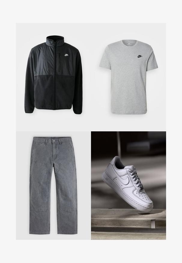 Čierna fleece bunda Nike s plným zipsom, vysokým golierom, zipsovou vreckom na hrudi a kontrastnou tkaninou na hornej prednej časti.; Sivý krátky rukáv T-shirt vyrobený z bavlny, s čiernym logom Nike na hrudi a okrúhlym výstrihom. Minimalistický dizajn bez vzorov.; Sivé nohavice rovného strihu s vystuženými náplasťami na kolenách, prednými vreckami a pútkami na opasok, zobrazené na rovnom pozadí.; Biely kožený teniska Nike Air Force 1 má perforovanú špičku, ploché šnúrky a štruktúrovanú gumovú podrážku s nápisom „AIR“ na boku.
