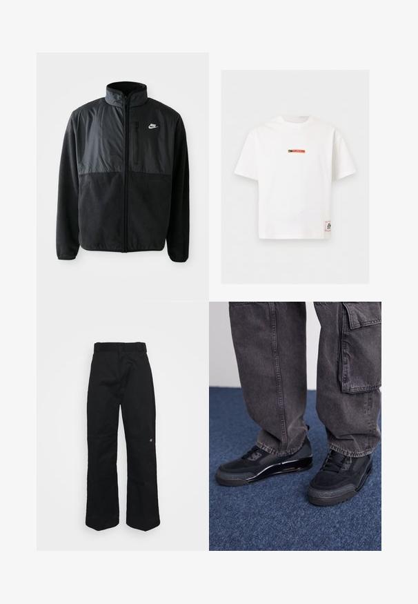 Sort Nike fleecejakke med fuld lynlås, høj krave, lynlåslomme på brystet og kontrasterende stofpanel på den øverste front.; Hvid kortærmet Nike T-shirt med lille "Fussball" logo i sort og rød på brystet og et rektangulært mærke nær nederste kant.; Sorte bukser lavet af robust stof, med lige ben, bæltestropper og en lille logo på den nederste side.; Sorte sportsko med en struktureret overflade, glatte detaljer og en kraftig sål, der er parret med mørke, løstsiddende cargo-bukser.