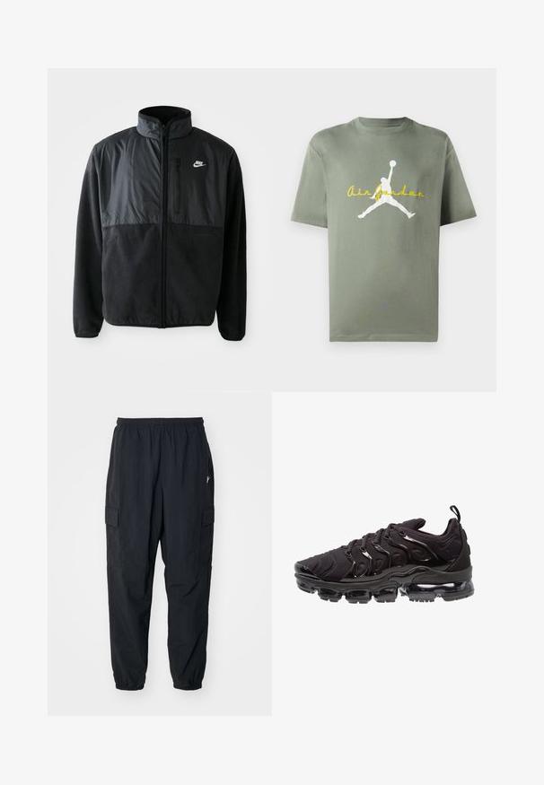 Sort Nike fleecejakke med fuld lynlås, høj krave, lynlåslomme på brystet og kontrasterende stofpanel på den øverste front.; Olivengrøn bomulds T-shirt med rund hals, der har et hvidt Air Jordan logo og gul tekst nedenfor. Korte ærmer, afslappet pasform.; Sorte cargo-bukser lavet af letvægtsmateriale, der har en elastisk talje, sidelommer og en afslappet pasform med elastiske manchetter.; Sorte atletiksko med et tekstureret stofoverdel, metalliske detaljer og en markant luftfyldt sål. Har distinkte bølge-lignende designelementer.