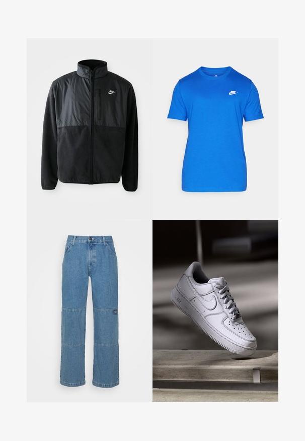 Sort Nike fleecejakke med fuld lynlås, høj krave, lynlåslomme på brystet og kontrasterende stofpanel på den øverste front.; Blå bomulds T-shirt med rund halsudskæring, korte ærmer og et hvidt Nike-logo på venstre brystområde. Glat tekstur og almindelig pasform.; Lysblå denim jeans med en afslappet pasform, der har patchwork-paneler, knaplukning i toppen, fem-lomme design og subtil branding på benet.; Hvid læder Nike Air Force 1 sneaker med perforeret tå, flade snørebånd og tekstureret gummisål med "AIR" branding på siden.