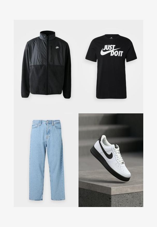 Chaqueta de forro polar negra de Nike con cremallera completa, cuello alto, bolsillo en el pecho con cremallera y panel de tela en contraste en la parte superior delantera.; Camiseta de algodón negra con texto blanco "Just Do It" y logotipo de swoosh, de mangas cortas, cuello redondo y un ajuste relajado.; Vaqueros de cintura alta de corte recto en azul claro, con cinco bolsillos y cierre frontal con botón y cremallera.; Zapatilla deportiva de cuero blanco con detalles en negro, punta redondeada y detalles perforados. Suela de goma negra con patrón texturizado y cierre de cordones.