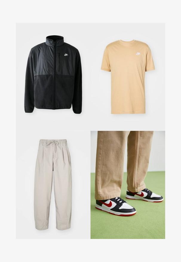 Chaqueta de forro polar negra de Nike con cremallera completa, cuello alto, bolsillo en el pecho con cremallera y panel de tela en contraste en la parte superior delantera.; Camiseta de algodón color beige con cuello redondo, mangas cortas y un logotipo blanco de Nike en el lado izquierdo del pecho. Textura suave, diseño casual.; Pantalones ligeros color beige con cintura elástica y cordón de ajuste. Presentan pliegues y un corte holgado, elaborados con una tela suave y lisa.; Las zapatillas Nike Dunk presentan un diseño de cuero negro con acentos rojos y un swoosh blanco. La suela es roja, con una puntera blanca texturizada.