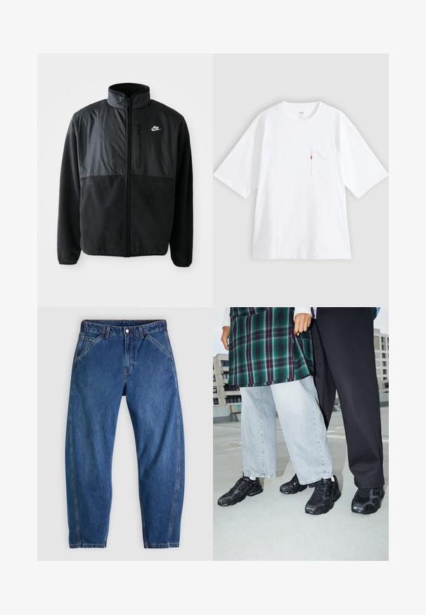 Čierna fleece bunda Nike s plným zipsom, vysokým golierom, zipsovou vreckom na hrudi a kontrastnou tkaninou na hornej prednej časti.; Biele bavlnené tričko s krátkym rukávom, okrúhlym výstrihom a vreckom na ľavej strane hrudníka. Na vrecku je malá červená štítok s logom.; Modré denimové rifle s voľným strihom, vybavené zapínaním na gombíky, piatimi vreckami a kontrastným oranžovým prešívaním. Hladká textúra po celom povrchu.; Čierne športové topánky s sieťovinou a gumovými akcentmi. Nosené s svetlošedými širokými džínsami a kockovaným zeleným topom. Pozadie s plochým povrchom.