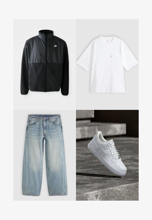Sort Nike fleecejakke med fuld lynlås, høj krave, lynlåslomme på brystet og kontrasterende stofpanel på den øverste front.; Hvid bomulds-T-shirt med korte ærmer, rund hals og lomme på venstre bryst. Har en lille rød logoetiket på lommen.; Lyseblå viddebenede cowboybukser med forlommer, bæltestropper, knaplukning og subtil falmning på lårene mod en ensfarvet baggrund.; Hvid Nike Air Force 1 sneaker med prægede stjernemønstre og en metallisk stjerne snørebåndsvedhæng, der svæver over en betongulv.