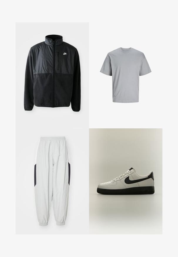 Čierna fleece bunda Nike s plným zipsom, vysokým golierom, zipsovou vreckom na hrudi a kontrastnou tkaninou na hornej prednej časti.; Svetlošedé tričko s krátkym rukávom vyrobené z hladkej bavlnenej tkaniny, s okrúhlym výstrihom a voľným strihom bez viditeľných vzorov alebo log. ; Svetlosivé tepláky vyrobené z ľahkého materiálu, s elastickým pásom a manžetami, s kontrastnými čierno-bielymi bočnými panelmi.; Nízke biele tenisky s čiernym Nike swoosh, čiernou pätovou záložkou a hrubou čiernou podrážkou na neutrálom pozadí.