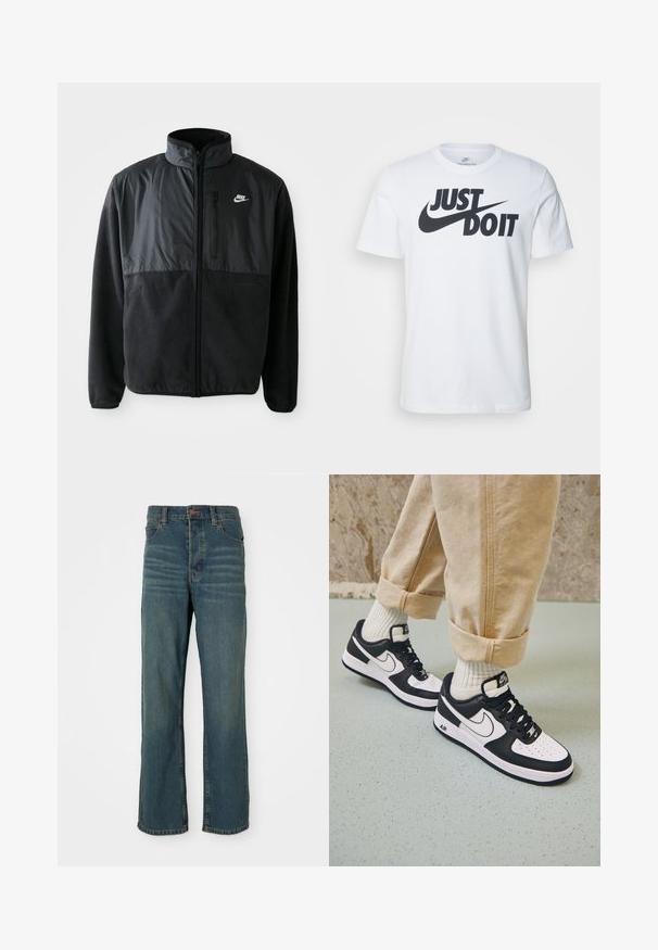 Veste en polaire noire Nike avec fermeture éclair intégrale, col montant, poche poitrine zippée et panneau en tissu contrastant sur le devant supérieur.; T-shirt en coton blanc avec un logo noir "Just Do It" bien en vue et le swoosh de Nike. Design classique à col rond avec des manches courtes.; Jean en denim bleu avec une coupe droite, comportant cinq poches, une fermeture à bouton et un léger effet délavé sur le devant.; Baskets Nike Air Force 1 en noir et blanc avec un dessus en cuir, orteil perforé et détail de semelle texturée, portées avec un pantalon beige retroussé et des chaussettes blanches.