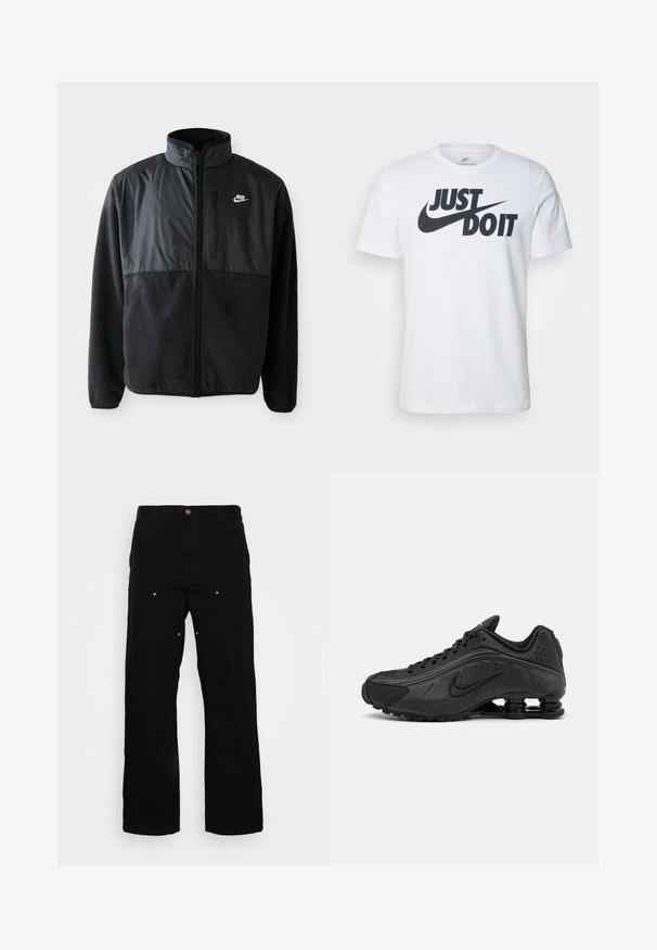 Zwarte Nike fleece jacket met volledige rits, hoge kraag, ritszak op de borst en contrasterend stoffenpaneel aan de bovenkant van de voorkant.; Witte katoenen t-shirt met een opvallend zwart "Just Do It" logo en de Nike swoosh. Klassiek crew neck ontwerp met korte mouwen.; Zwarte denim broek met een recht-pijp ontwerp, voorzien van gouden hardware accenten en zichtbare stiksels op de voor- en achterzakken.; Zwarte hardloopschoenen met een glad bovenwerk van synthetisch materiaal, geperforeerde accenten, gestructureerde zijpanelen en een opvallende veerkrachtige zool.