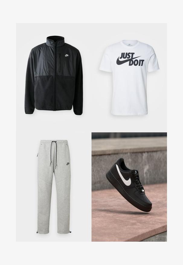 Schwarze Nike-Fleecejacke mit durchgehendem Reißverschluss, hohem Kragen, Reißverschlusstasche auf der Brust und kontrastierendem Stoffpaneel auf der oberen Vorderseite.; Weißes Baumwoll-T-Shirt mit einem auffälligen schwarzen "Just Do It"-Logo und Nike-Swoosh. Klassisches Rundhalsausschnitt-Design mit kurzen Ärmeln.; Graue Nike Sweatpants mit einem Kordelzugbund, Seitentaschen und elastischen Bündchen. Sie haben eine glatte Textur und ein kontrastierendes schwarzes Logodetail.; Schwarzer Nike Air Force 1 Sneaker mit weißem Swoosh-Logo, der über einer Steinformation schwebt, vor einem grauen strukturierten Hintergrund.