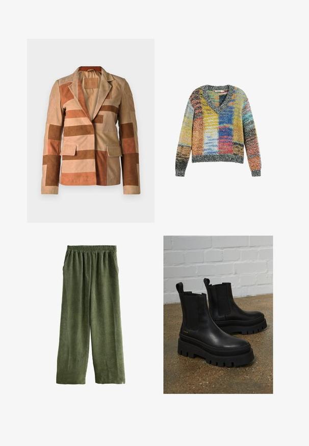 Suede blejzer s patchwork dizajnom v odtieňoch béžovej a hnedej, s klopovým golierom a dvoma prednými vreckami.; Farebný pletený sveter s výstrihom do V a dlhými rukávmi, so vzorom patchwork v žltých, modrých, červených a sivých tónoch.; Zelené kockované nohavice so širokým strihom, elastickým pásom a dvoma bočnými vreckami. Textúra obsahuje jemné vertikálne žliabky.; Čierne kožené členkové topánky s elastickými bočnými panelmi, hrubými čiernymi platformovými podrážkami a stehmi, s pútkom pre jednoduché obúvanie.