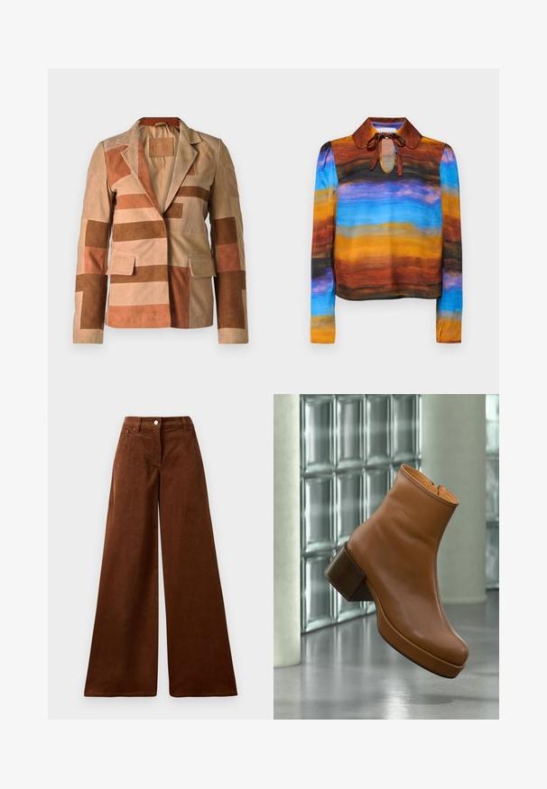Suede blejzer s patchwork dizajnom v odtieňoch béžovej a hnedej, s klopovým golierom a dvoma prednými vreckami.; Blúzka s dlhým rukávom a okrúhlym golierom, s akvarelovým vzorom v hnedých, oranžových, modrých a čiernych odtieňoch. Viazanie pri krku pridáva detail.; Hnedé kordové nohavice širokého strihu s vysokým pásom, s predným zapínaním na gombík a dvoma prednými vreckami. Mäkka textúra s vertikálnym ryhovaním.; Hnedá kožená členková topánka s blokovým podpätkom, vznášajúca sa v interiéri blízko skleneného blokového múru a valcovitého stĺpa na leštenej podlahe.