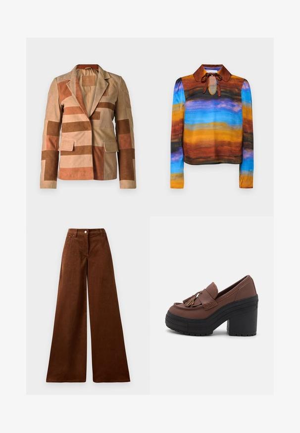 Suede blejzer s patchwork dizajnom v odtieňoch béžovej a hnedej, s klopovým golierom a dvoma prednými vreckami.; Blúzka s dlhým rukávom a okrúhlym golierom, s akvarelovým vzorom v hnedých, oranžových, modrých a čiernych odtieňoch. Viazanie pri krku pridáva detail.; Hnedé kordové nohavice širokého strihu s vysokým pásom, s predným zapínaním na gombík a dvoma prednými vreckami. Mäkka textúra s vertikálnym ryhovaním.; Hnedé platformové mokasíny s okrúhlym špičkou, s dekoratívnymi třásňami, prešívanými detailmi a hrubým čiernym gumovým podpätkom s textúrovanou podrážkou.