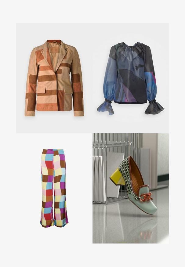 Blazer de ante con un diseño de patchwork en tonos beige y marrón, con cuello de muesca y dos bolsillos frontales.; Blusa negra transparente con mangas largas y abullonadas. Presenta patrones abstractos multicolores en azul, verde y púrpura. Cuello Gathered y puños acampanados.; SOMETHINGNEW SABRINA PANTS - Pantalones - dahlia; Mocasín para mujer individual con puntera verde claro, laterales en blanco y negro con estampado, ribete marrón, tacón grueso amarillo y gran detalle de cadena cobre.