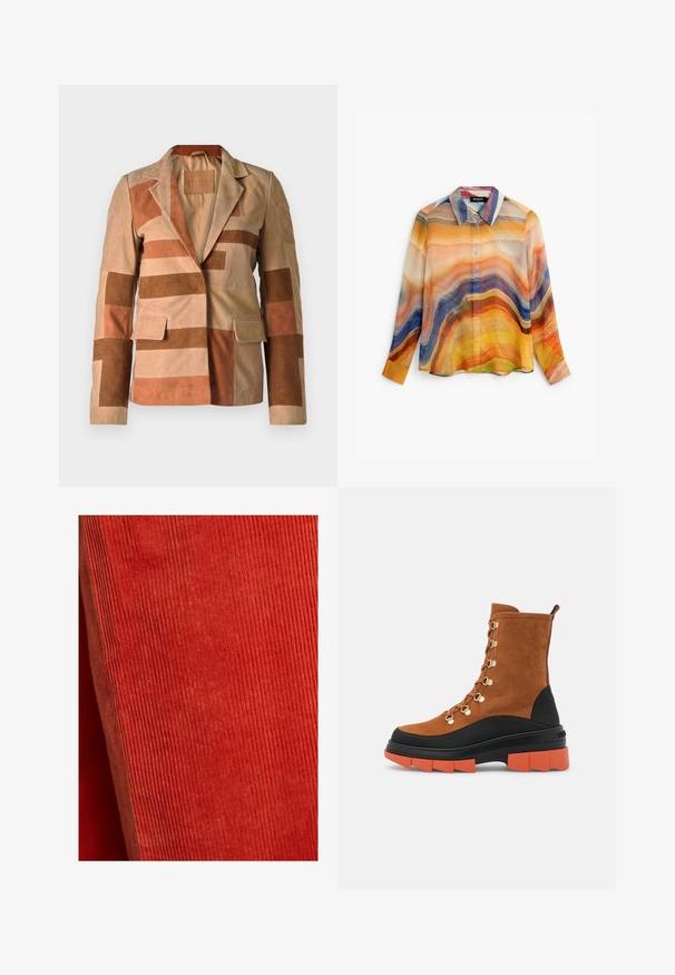 Suede blejzer s patchwork dizajnom v odtieňoch béžovej a hnedej, s klopovým golierom a dvoma prednými vreckami.; Košeľa s dlhým rukávom na gombíky s abstraktnými vlnitými pruhmi v oranžových, žltých, modrých, fialových a béžových tónoch, so špicatým golierom.; Červený kordurový textil s vertikálnymi rebrami, ktorý má mäkkú štruktúru. Rovnomerná farba a výrazné línie vytvárajú jednotný vzhľad.; Hnedé semišové členkové topánky majú zlaté prvky, chunky čiernu a oranžovú podrážku a sieťovanú konštrukciu s praktickým pútkom na zadnej strane.