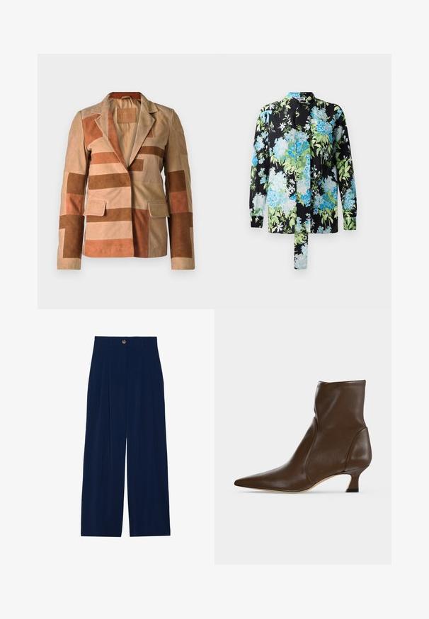 Suède blazer met een patchworkontwerp in tinten beige en bruin, met een gelapte kraag en twee voorkruiszakken.; Bloes met bloemenpatroon op een zwarte achtergrond in blauwe en groene kleuren, lange mouwen en een staande kraag. Inclusief een strikdetail.; Navyblauwe broek met wijde pijpen van zachte stof, voorzien van voorplooien, een knoopsluiting en twee zijzakken.; Bruine leren enkellaars met puntige neus en lage, gebogen hak op een lichte achtergrond.