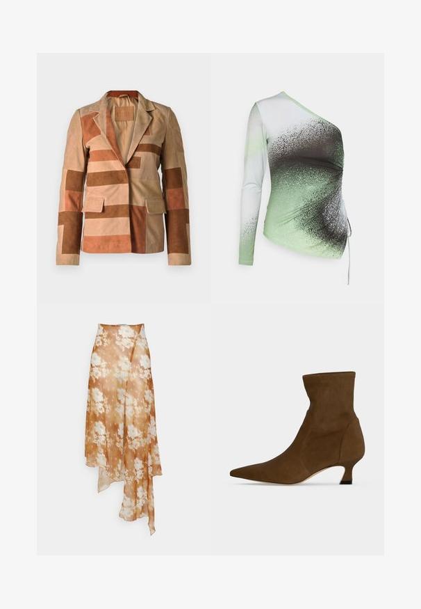 Suede blejzer s patchwork dizajnom v odtieňoch béžovej a hnedej, s klopovým golierom a dvoma prednými vreckami.; Elleme ONE SHOULDER - Top s dlhým rukávom - light green/white; Ioannes SHAWL SKIRT - sukňa v tvare A - sprayed lace ochre; Hnedá členková čižma s ostrou špičkou a nízkym kitten opätkom, vyrobená z hladkého materiálu, zobrazená na jednofarebnom pozadí.