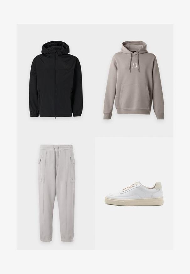 Veste à capuche noire en tissu léger et mat. Dotée d'une fermeture éclair, de poignets élastiques et de poches latérales. Logo discret sur la poitrine.; Hoodie gris avec une poche kangourou centrale, capuche réglable par cordon, et un petit logo blanc sur la poitrine. Texture de tissu douce.; Pantalon de survêtement gris avec taille élastique, poches latérales et détail cousu courant verticalement le long des jambes. Texture en mélange de coton.; Sneaker blanche avec un dessus en cuir lisse, des lacets beige et un onglet de talon en daim beige texturé. Semelle surélevée pour une hauteur supplémentaire.