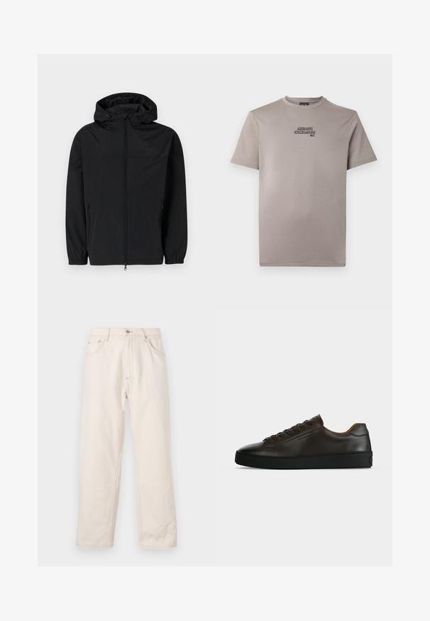 Veste à capuche noire en tissu léger et mat. Dotée d'une fermeture éclair, de poignets élastiques et de poches latérales. Logo discret sur la poitrine.; T-shirt en coton gris à manches courtes, avec "ARMANI EXCHANGE" brodé en noir sur le côté gauche près de la poitrine.; Jean droit beige en denim, avec une fermeture à boutons, cinq poches et des détails de couture visibles. Texture lisse.; Baskets basses en cuir marron foncé avec semelle en caoutchouc noire, lacets à l'avant et design minimaliste épuré sur fond clair.