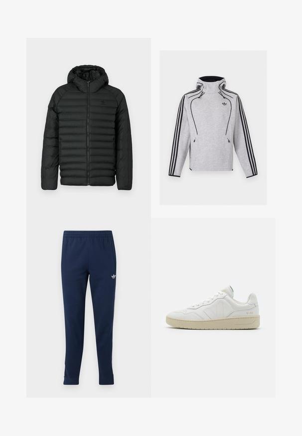 Zwarte pufferjas met capuchon, met een gequilt ontwerp, ritsluiting en zijzakken. Gemaakt van lichtgewicht, waterafstotend materiaal.; Lichtgrijze Adidas hoodie met zwarte strepen op de mouwen, zwarte bies, ritszakken en het Adidas Trefoil-logo op de borst.; Marineblauwe sportbroek met elastische taille, taps toelopende pijpen, zijzakken en een klein wit Adidas-logo op het bovenste linker bovenbeen.; Witte leren sneakers met een gestructureerde afwerking en een gevoerde kraag. Voorzien van een beige rubberen zool en subtiele branding op de hiel en zijkant.