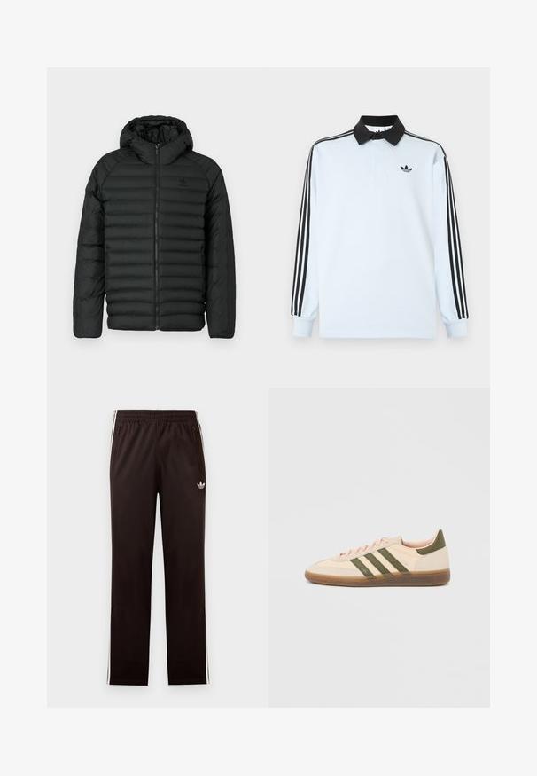 Sort pufferjakke med hætte, med quiltet design, lynlås lukning og sidelommer. Lavet af letvægts, vandafvisende materiale.; Lyseblå langærmet poloshirt med sort krave, tre sorte striber på ærmerne og et lille sort logo på brystet.; Sorte Adidas træningsbukser med elastisk taljebånd, hvide sidelommer, lynlåslommer og lille trefoil-logo på venstre lår.; Beige Adidas Spezial sneaker med lav profil, grønne striber, gummisål og "SPEZIAL"-branding på siden, vist fra ydersiden.