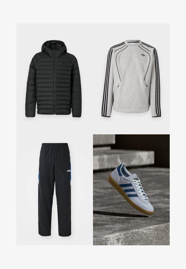 Sort pufferjakke med hætte, med quiltet design, lynlås lukning og sidelommer. Lavet af letvægts, vandafvisende materiale.; Lysegrå Adidas sweatshirt med lange ærmer med sorte tre striber på ærmerne, sort piping, lynlåslommer og lille sort trefoil logo på brystet.; Sorte træningsbukser med elastisk talje, prydet med blå og hvide grafiske detaljer på siderne og et broderet logo.; Lyseblå Adidas Spezial sneakers med marineblå striber og gummisål, vist i luften over betontrapper i et neutralt udendørsmiljø.