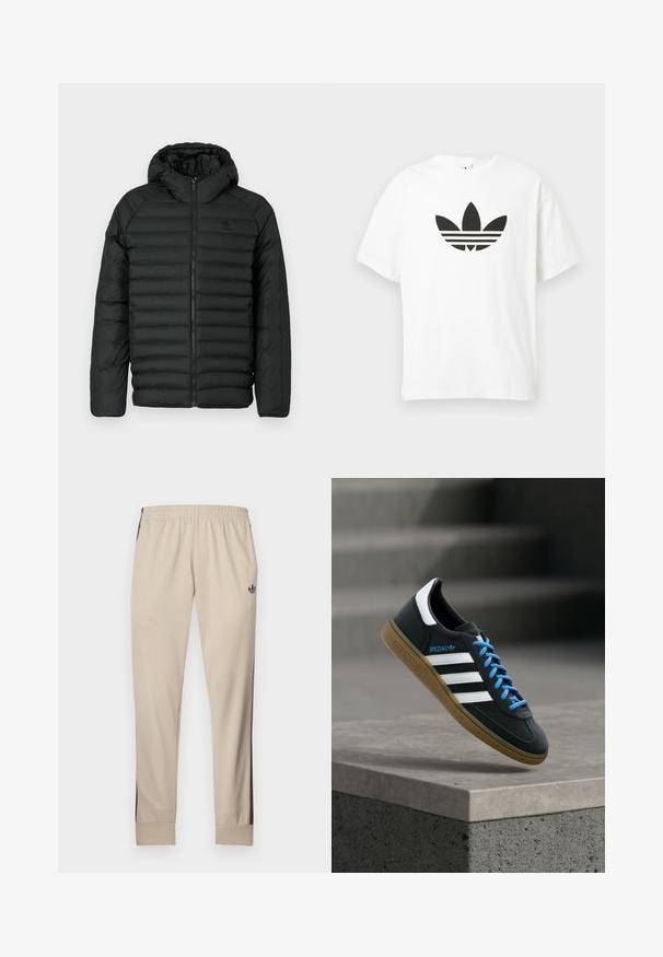 Zwarte pufferjas met capuchon, met een gequilt ontwerp, ritsluiting en zijzakken. Gemaakt van lichtgewicht, waterafstotend materiaal.; Witte katoenen t-shirt met een groot zwart Adidas trefoil-logo en drie horizontale strepen eronder. Korte mouwen, ronde hals.; Beige sportbroek met zwarte zijpanelen, elastische tailleband en taps toelopende boorden. Gemaakt van zachte stof, met een klein logo op de heup.; Zwarte Adidas-sneaker met witte strepen, blauwe veters en een gumzool die boven een grijze betonnen trede zweeft in zacht licht.