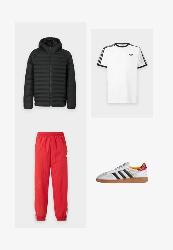 Sort pufferjakke med hætte, med quiltet design, lynlås lukning og sidelommer. Lavet af letvægts, vandafvisende materiale.; Hvid bomulds t-shirt med sort ribkant ved hals og ærmer, med tre sorte striber på hver skulder og et lille logo på brystet.; Røde atletikbukser af letvægtsmateriale med elastisk taljebånd, hvide sideliver og et lille logo på det øverste ben.; Hvid Adidas Spezial sneaker med sorte striber, gummisål, quiltet mønster, rød hælflap og gul inderfor, set fra siden.