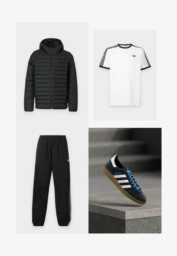 Sort pufferjakke med hætte, med quiltet design, lynlås lukning og sidelommer. Lavet af letvægts, vandafvisende materiale.; Hvid bomulds t-shirt med sort ribkant ved hals og ærmer, med tre sorte striber på hver skulder og et lille logo på brystet.; Sorte Adidas træningsbukser med hvide sidelister, elastisk talje og ankelmanchetter, med lille logo på det øvre lår.; Sort Adidas sneaker med hvide striber, blå snørebånd og gummisål, der svæver over gråt betontrin i blødt lys.