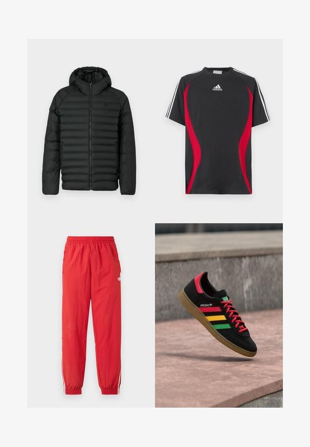 Sort pufferjakke med hætte, med quiltet design, lynlås lukning og sidelommer. Lavet af letvægts, vandafvisende materiale.; Sort kortærmet T-shirt med røde sideakcenter, hvid Adidas-logo på brystet og hvide skulderstriber. Fremstillet af et glat stof.; Røde atletikbukser af letvægtsmateriale med elastisk taljebånd, hvide sideliver og et lille logo på det øverste ben.; Sort Adidas Spezial-sneaker med røde, gule og grønne striber, røde snørebånd, gummisål og rødt hældetalje, vist svævende over fortovet.