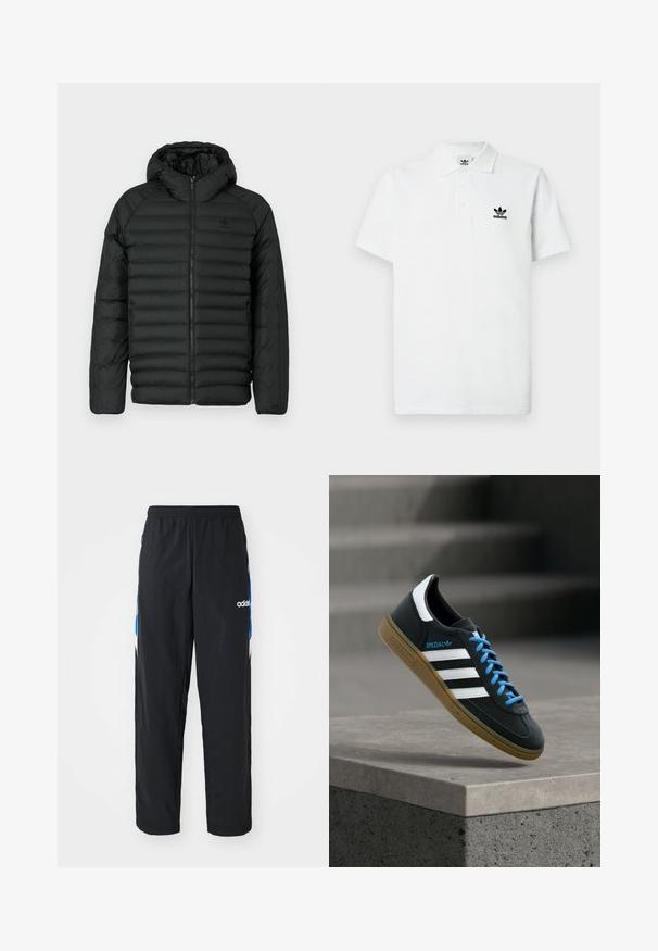 Sort pufferjakke med hætte, med quiltet design, lynlås lukning og sidelommer. Lavet af letvægts, vandafvisende materiale.; Hvid bomulds polo-shirt med klassisk krave, tre-knaps åbning og sort broderet Adidas-logo på venstre bryst. Korte ærmer.; Sorte træningsbukser med elastisk talje, prydet med blå og hvide grafiske detaljer på siderne og et broderet logo.; Sort Adidas sneaker med hvide striber, blå snørebånd og gummisål, der svæver over gråt betontrin i blødt lys.