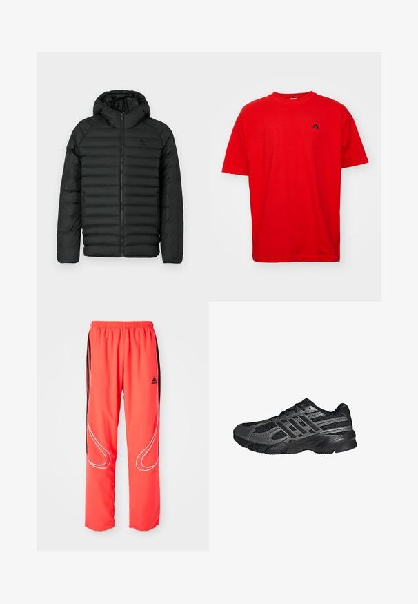 Sort pufferjakke med hætte, med quiltet design, lynlås lukning og sidelommer. Lavet af letvægts, vandafvisende materiale.; Rød bomulds T-shirt med korte ærmer og rund hals. Har et lille sort logo på venstre bryst og en lige kant.; Røde sportbukser med løs pasform, elastisk talje, sorte sidelister og hvide pipinger langs benene. Adidas-logo på hoften.; Sorte træningssko lavet af mesh og syntetiske materialer, med en tekstureret overflade, flere grå striber og en polstret krave.