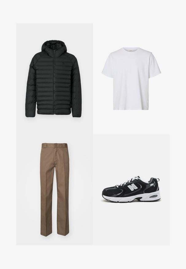 Sort pufferjakke med hætte, med quiltet design, lynlås lukning og sidelommer. Lavet af letvægts, vandafvisende materiale.; Enkelt hvid kortærmet T-shirt med rund hals, almindelig pasform og glat stofstruktur, vist på en hvid baggrund.; Brune bukser med flad front design, lige ben og klassisk talje. Fremstillet af holdbart stof, uden synlige mønstre eller udsmykninger.; Sorte og grå sportssko med mesh og ruskind på overdelen, der har en hvid mellemsål, snørebånd og et iøjnefaldende "N" logo på siden.
