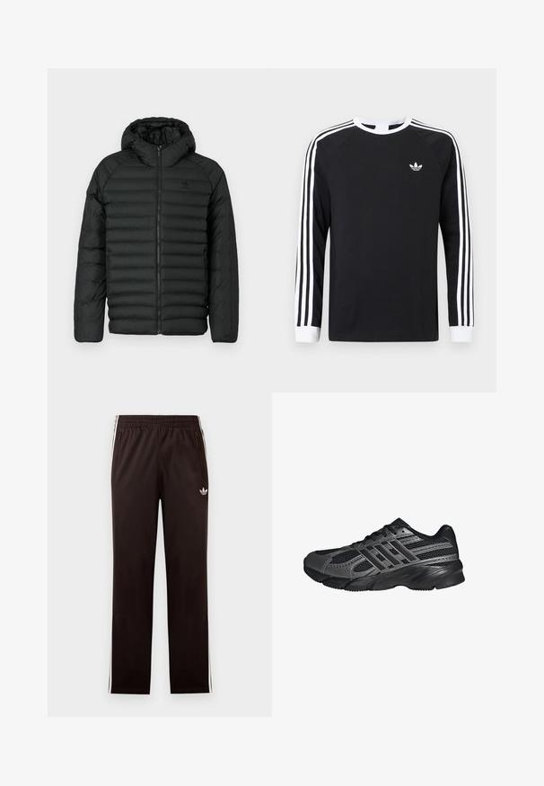 Sort pufferjakke med hætte, med quiltet design, lynlås lukning og sidelommer. Lavet af letvægts, vandafvisende materiale.; Sort langærmet T-shirt med hvidt trestribet design på ærmerne. Har rund halsudskæring og et lille hvidt logo på brystet.; Sorte Adidas træningsbukser med elastisk taljebånd, hvide sidelommer, lynlåslommer og lille trefoil-logo på venstre lår.; Sorte træningssko lavet af mesh og syntetiske materialer, med en tekstureret overflade, flere grå striber og en polstret krave.