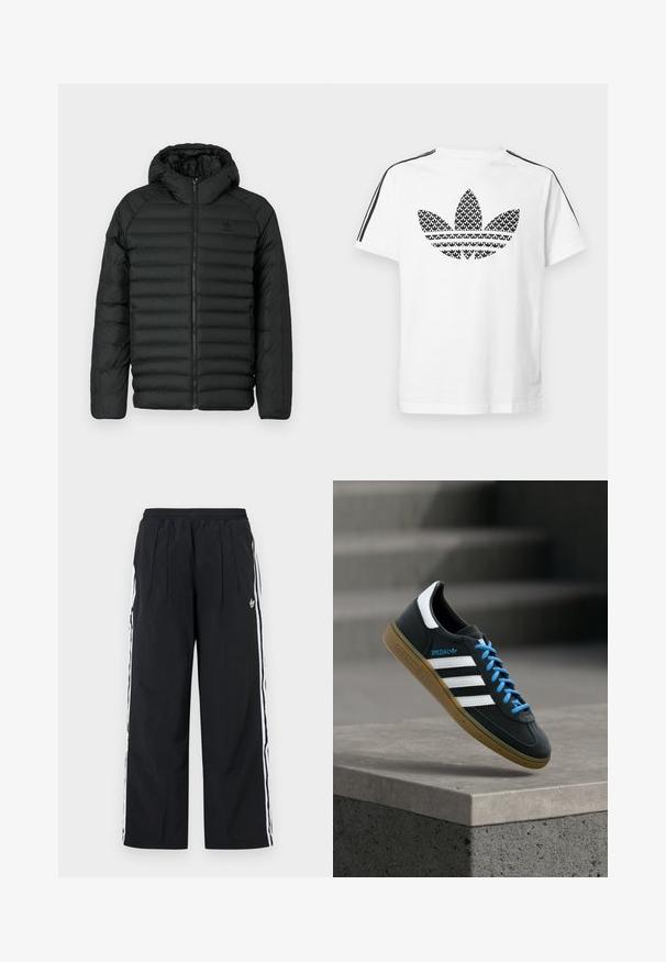 Sort pufferjakke med hætte, med quiltet design, lynlås lukning og sidelommer. Lavet af letvægts, vandafvisende materiale.; Hvid bomuld t-shirt med sort grafisk trefoil-logo på fronten og sorte striber langs skuldrene som accent.; Sorte bukser med vide ben og hvide striber på siden, elastisk talje, forreste læg og Adidas-logo på højre lår.; Sort Adidas sneaker med hvide striber, blå snørebånd og gummisål, der svæver over gråt betontrin i blødt lys.