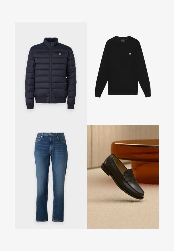 Doudoune marine avec col montant, texture à coutures horizontales, fermeture éclair devant et poignets côtes. Dispose d'un petit logo doré sur la poitrine.; Sweatshirt en coton noir avec des manches longues et un col rond. Présente un petit logo d'aigle jaune sur la poitrine. Texture douce.; Jeans en denim bleu foncé avec une coupe droite, un design à cinq poches, une fermeture à bouton et à glissière, et un léger délavage près des cuisses.; Chaussure mocassin en cuir noir suspendue au-dessus d’un tapis beige avec du mobilier moderne couleur ambre en arrière-plan.
