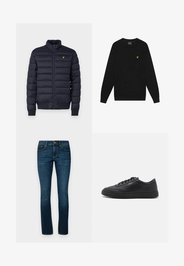 Marineblå pufferjakke med høj krave, vandret quiltet struktur, lynlåslukning foran og ribbet manchetter. Har et lille gyldent logo på brystet.; Sort bomulds sweatshirts med lange ærmer og rund hals. Har et lille gult ørnelogo på brystet. Blød tekstur.; Mørkeblå denimjeans med en klassisk lige pasform, fem-lomme-design og en robust metalknaplukning i taljen.; Sorte lædersneakers med en glat overflade, rund tå, flad gummisål og tonede snørebånd. Udstyret med guld "BOSS" branding på siden.