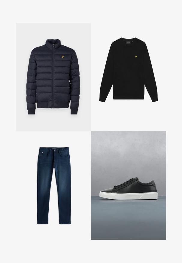 Marine pufferjack met een hoge hals, horizontaal gestikte textuur, ritssluiting aan de voorkant en ribgebreide manchetten. Beschikt over een klein gouden logo op de borst.; Zwarte katoenen sweatshirt met lange mouwen en een ronde hals. Voorzien van een klein geel adelaarslogo op de borst. Zachte textuur.; Donkerblauwe slim-fit jeans met knoop aan de voorkant, riemlussen en vijf-zakkenontwerp op een witte achtergrond.; Zwarte leren sneaker met ronde neus, textuur op het oppervlak, witte rubberen zool en zwarte veters. Minimalistisch ontwerp met een slanke uitstraling.