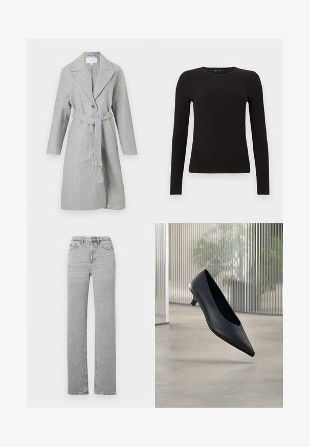 Lang grå uldfrakke med brede klapper, en enkelt knap og et matchende stofbælte, der er bundet om livet.; Sort, langærmet ribstrikket sweater med rund halsudskæring, slank pasform og subtilt mønster, vist på en ensartet hvid baggrund.; Lysegrå straight-leg denim jeans med frontknap og lynlås, bæltestropper og fem-lomme-design.; Sort spids tå kitten heel sko, der svæver over en glat betongulv med lodrette gennemsigtige paneler i baggrunden.