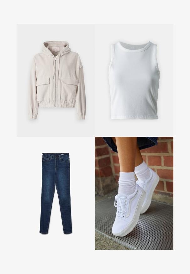 Beige cordjakke med hætte, frontlynlås, to brystlommer og elastisk kant og manchetter. Blød tekstur med synligt ribbet mønster.; Hvid ribbet tanktop med rund halsudskæring og ærmeløs design, med en lige kant og en glat, strækbar tekstur.; Slanke jeans i mørkeblåt denim. Har fem lommer, lynlås og bæltestropper. Glat tekstur med subtil farvevariation.; Hvide lærreds sneakers med gummisåler, der har seks snørehuller, rund tå og let sømdetaljer, krydret med hvide ankelstrømper.