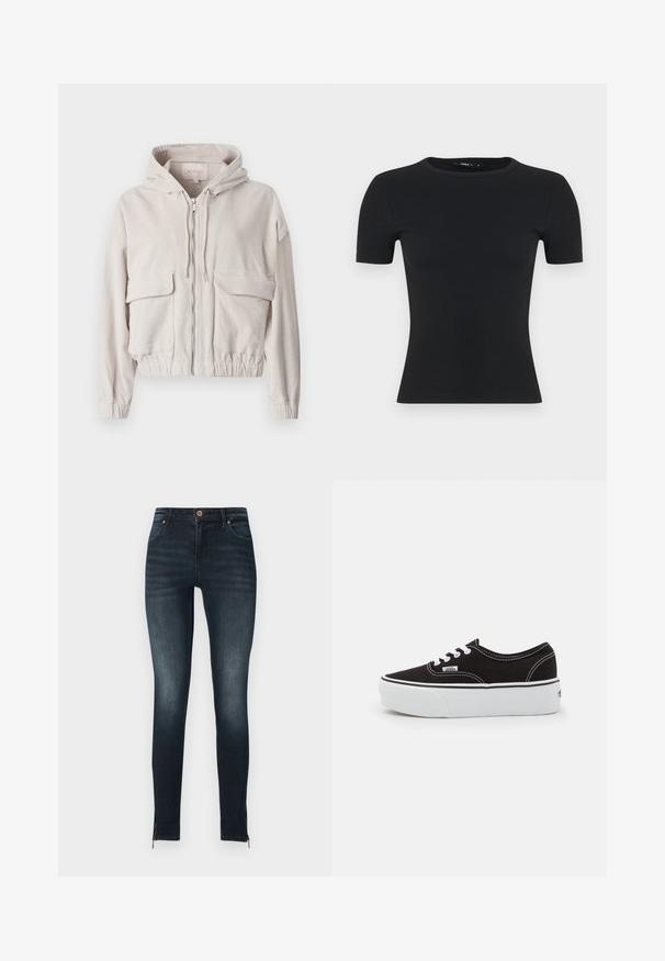 Beige Corduroy-Jacke mit Kapuze, Frontreißverschluss, zwei Brusttaschen und elastischem Saum und Bündchen. Weiche Textur mit sichtbarem Rippmuster.; Schwarzes, geripptes T-Shirt mit kurzen Ärmeln, runder Halslinie, figurbetontem Design, hergestellt aus strukturiertem Stoff, mit glatter Oberfläche und ohne sichtbare Akzente.; Schmale dunkelblaue Jeans aus Denim, mit Knopfverschluss, Vordertaschen und Reißverschlüssen an den Knöcheln. Glatte Textur mit leichtem Verblassen.; Schwarze Leinensneaker mit einer weißen Gummiplattformsohle, weißen Schnürsenkeln und Nähten, ikonischer Markenaufdruck an der Seite, im Low-Top-Design.