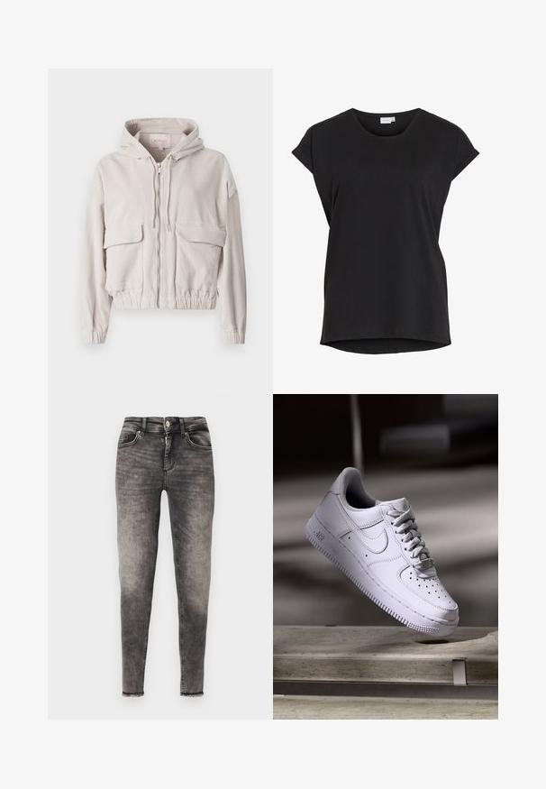 Beige cordjakke med hætte, frontlynlås, to brystlommer og elastisk kant og manchetter. Blød tekstur med synligt ribbet mønster.; Sort kortærmet afslappet t-shirt med opkrøjede ærmer og rund halsudskæring fra mærket VILA.; Slim-fit gråvaskede denimjeans med frontknap, lynlås, fem lommer og rå kanter ved anklerne.; Hvid Nike Air Force 1 sneaker svævende over en betonoverflade med skygger i et minimalistisk miljø.