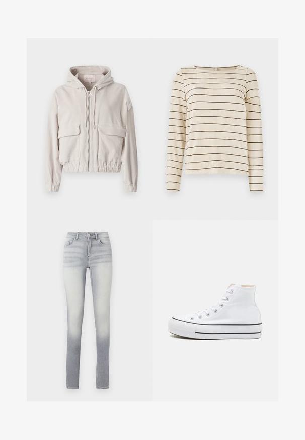 Beige Corduroy-Jacke mit Kapuze, Frontreißverschluss, zwei Brusttaschen und elastischem Saum und Bündchen. Weiche Textur mit sichtbarem Rippmuster.; Beige Langarmoberteil mit dunkelbraunen horizontalen Streifen, rundem Halsausschnitt und weicher Textur. Schlichtes und vielseitiges Design.; Helle blaue Skinny-Jeans mit einem Farbverlauf, ausgestattet mit fünf Taschen, einem Knopfverschluss vorne und leichten Verblassungen am Oberschenkel.; Weiße High-Top-Sneaker aus einem Material aus Segeltuch, mit schwarzer Gummisohle und kontrastierendem schwarzen Streifen auf der Zwischensohle. Runde Zehenkappe und Schnürdesign.