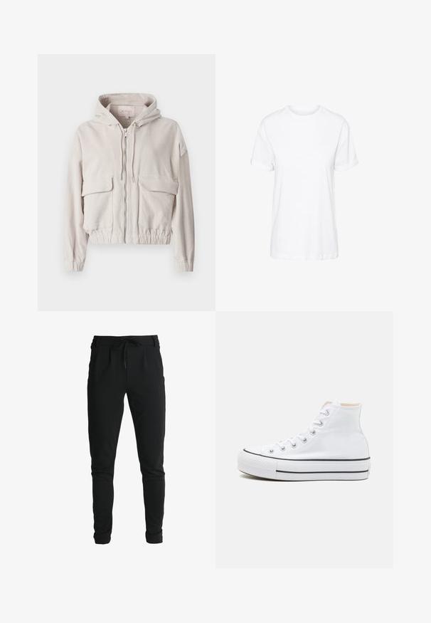 Beige corduroy jas met een capuchon, voorrits, twee borstzakken en een elastische onderrand en manchetten. Zachte textuur met zichtbaar ribbelpatroon.; Witte katoenen T-shirt met korte mouwen, een ronde hals en een relaxte pasvorm, met een gladde textuur en zonder zichtbare patronen.; ONLY Tall ONLPOPTRASH LIFE EASY - Trainingsbroek - black; Witte hoge sneakers van canvasmateriaal, zwarte rubberen zool en contrasterende zwarte streep op de tussenzool. Circulaire neus en vetersluiting.