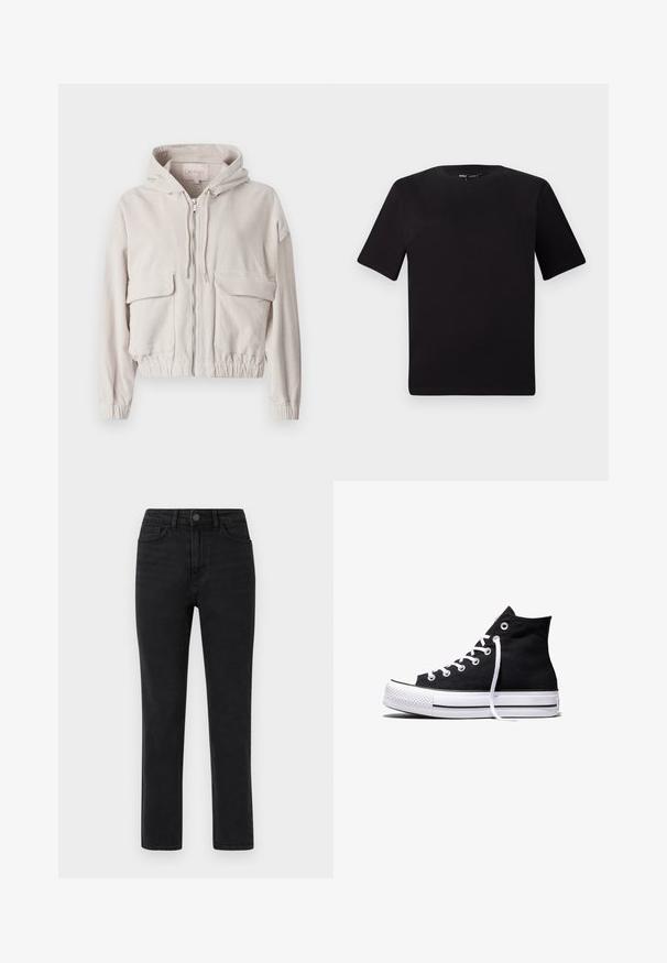 Beige cordjakke med hætte, frontlynlås, to brystlommer og elastisk kant og manchetter. Blød tekstur med synligt ribbet mønster.; Sort kortærmet t-shirt med rund halsudskæring, lavet af blødt bomuldsstof. Enkel design, ingen synlige logoer eller mønstre.; Højtsiddende sorte straight-leg jeans med frontal knaplukning, bæltestropper og design med fem lommer på hvid baggrund.; Sort high-top canvas sneaker med hvid gummisål og hvide snørebånd, vist fra siden mod en hvid baggrund.