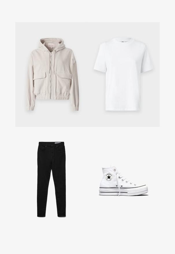 Beige cordjakke med hætte, frontlynlås, to brystlommer og elastisk kant og manchetter. Blød tekstur med synligt ribbet mønster.; Hvid bomulds T-shirt med rund hals, kortærmet og en glat tekstur. Designet med en afslappet pasform for komfort og alsidighed.; Sorte denimjeans med en slank pasform, der har talje i midjehøjde, fem lommer, lukning med metalknap og diskrete syningsdetaljer.; Hvid højtop Converse Chuck Taylor All Star-sneaker med sort logo-patch og hvide snørebånd, vist på hvid baggrund.