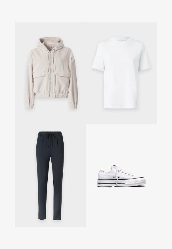 Beige cordjakke med hætte, frontlynlås, to brystlommer og elastisk kant og manchetter. Blød tekstur med synligt ribbet mønster.; Hvid bomulds T-shirt med rund hals, kortærmet og en glat tekstur. Designet med en afslappet pasform for komfort og alsidighed.; Mørkeblå slim-fit bukser med snøre i taljen, lavet af et blødt, strækbart stof, med flad forside og tapered ben design.; Hvid lavtop lærredssneakers med hvide snørebånd, sorte striber på sålen og gummieret tekstureret tåhætte, sidevendt på hvid baggrund.